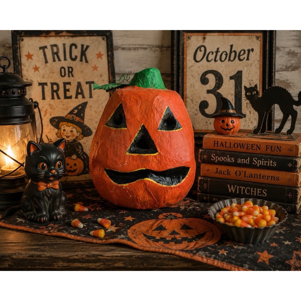 Papier Mache Jack O Lantern Pumpkin Halloween Decor 8" Made In Philippines VTG